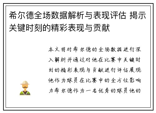 希尔德全场数据解析与表现评估 揭示关键时刻的精彩表现与贡献